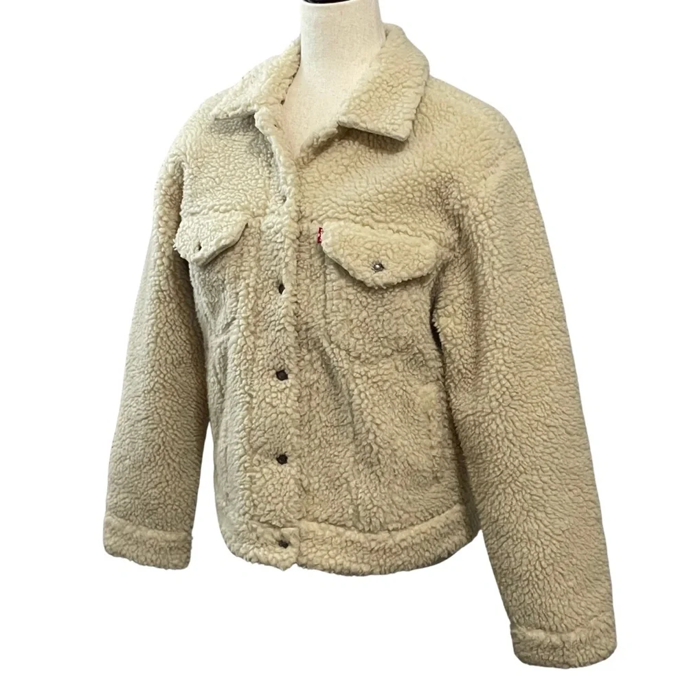 Levi’s Women’s Sherpa Fleece Trucker Jacket Cropped M Cream Coconut Snap Front - Picture 2 of 15